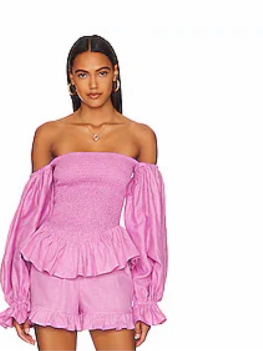 Off-Shoulder Smocked Peplum Top in Pink